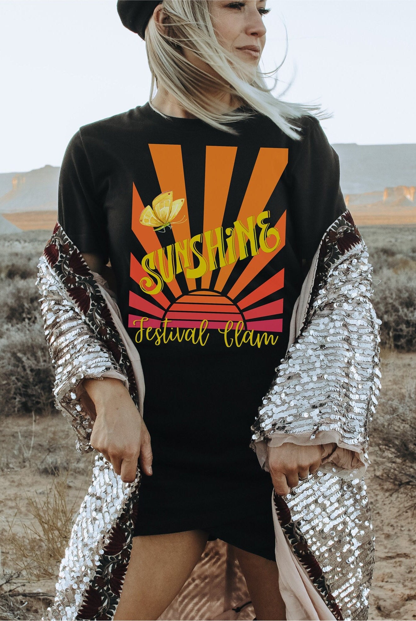 T-shirt Dress, Festival Clothing, Trendy Glam Rock, Beach Party tee, Rave Clothing, Oversized T-Shirt, Sunshine Retro Print Summer Vacation