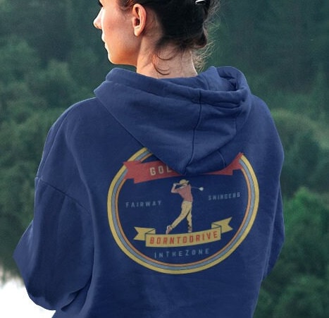 Mens - Funny Golf Hoodie, Loose Fit Funny Man Jacket, Silly Golf Quotes 'Born to Drive' Retro style Graphic, gift for Golfers.