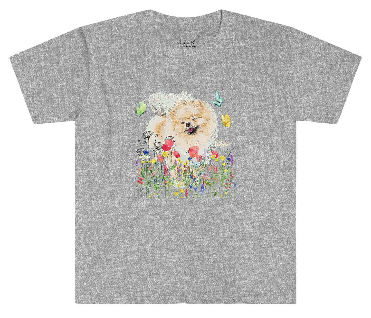 Pomeranian T-shirt, Wildflower and Butterflies, lovely gift for Pomeranian Lovers, Dog owner gift, dog dad, dog mom, dog mama, dog lovers