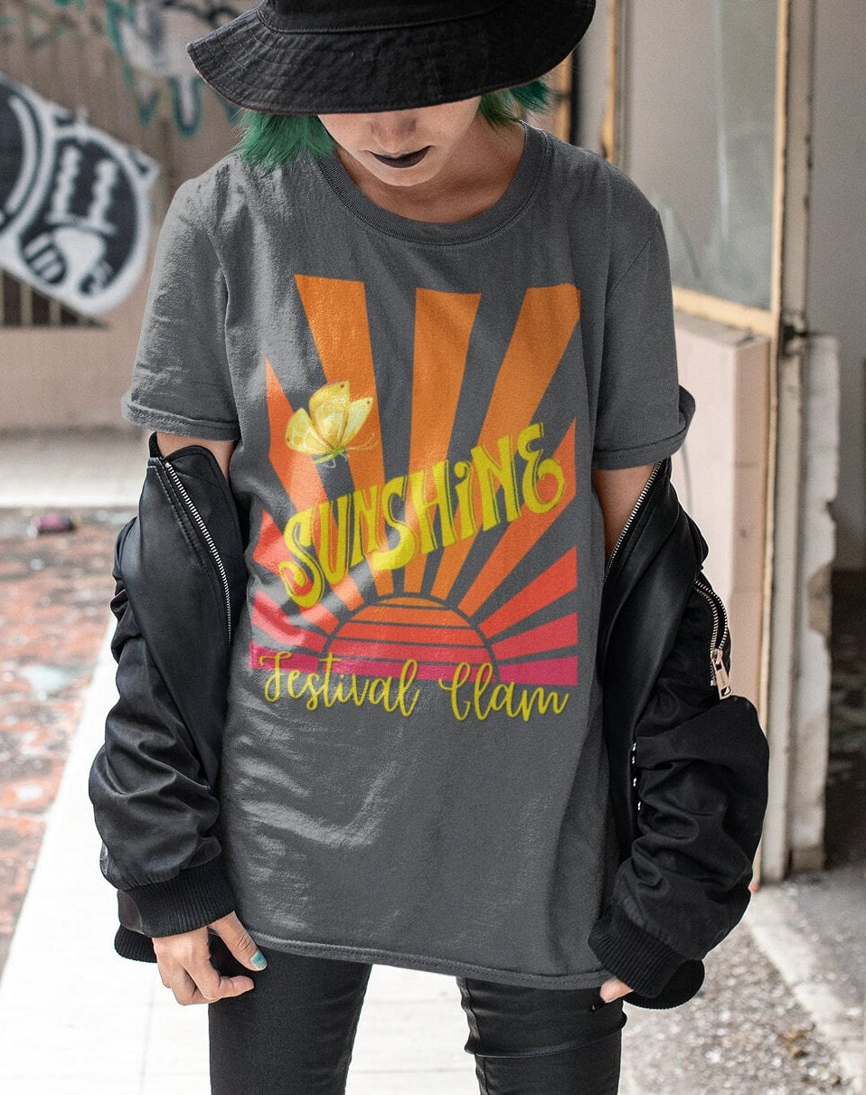 T-shirt Dress, Festival Clothing, Trendy Glam Rock, Beach Party tee, Rave Clothing, Oversized T-Shirt, Sunshine Retro Print Summer Vacation