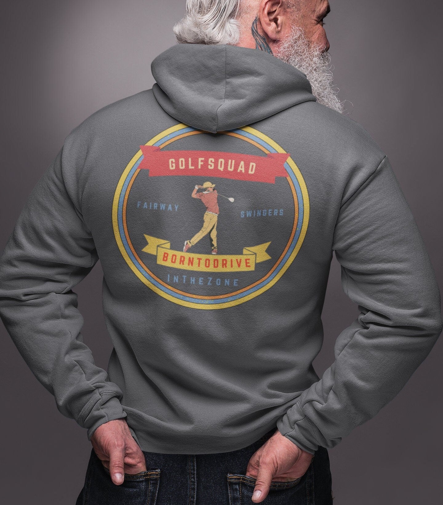 Mens - Funny Golf Hoodie, Loose Fit Funny Man Jacket, Silly Golf Quotes 'Born to Drive' Retro style Graphic, gift for Golfers.