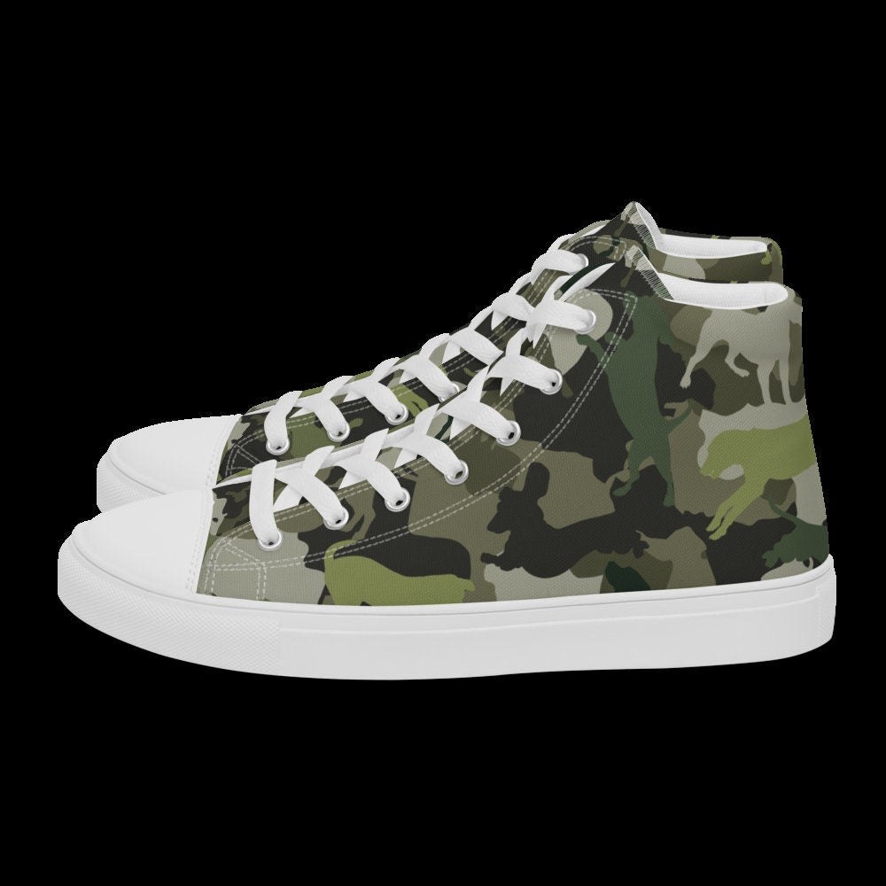 Spot The Dogs, Dog Dad gift, Green Camouflage Dog pattern, Dog Lover, Trendy high top canvas shoes, gift for Dog walker, Dog Groomers gift