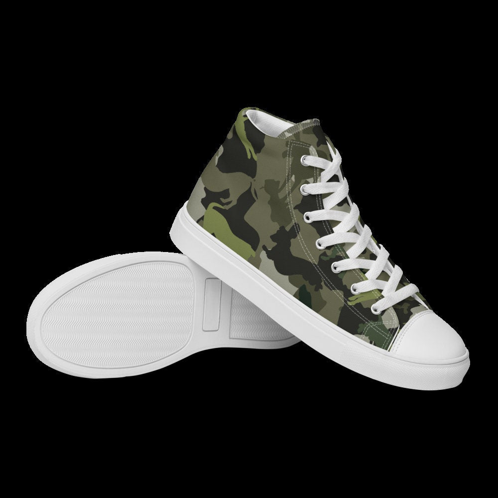 Spot The Dogs, Dog Dad gift, Green Camouflage Dog pattern, Dog Lover, Trendy high top canvas shoes, gift for Dog walker, Dog Groomers gift