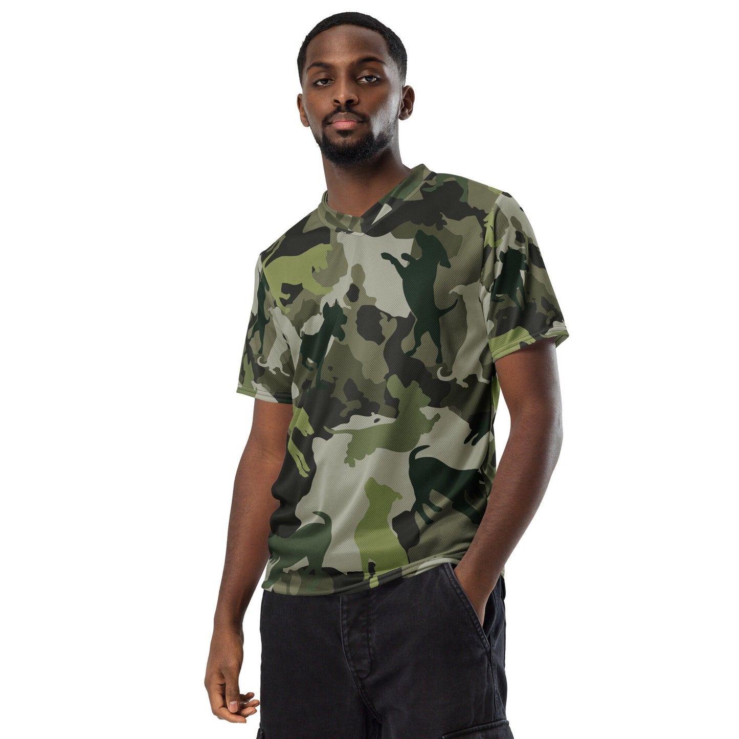 Spot the Dogs - Funky Camouflage Dog print, Rapper Style Fashion, Stylish V-neck tee, Gift for Dog Lover, ECO Recycled unisex T-shirt jersey