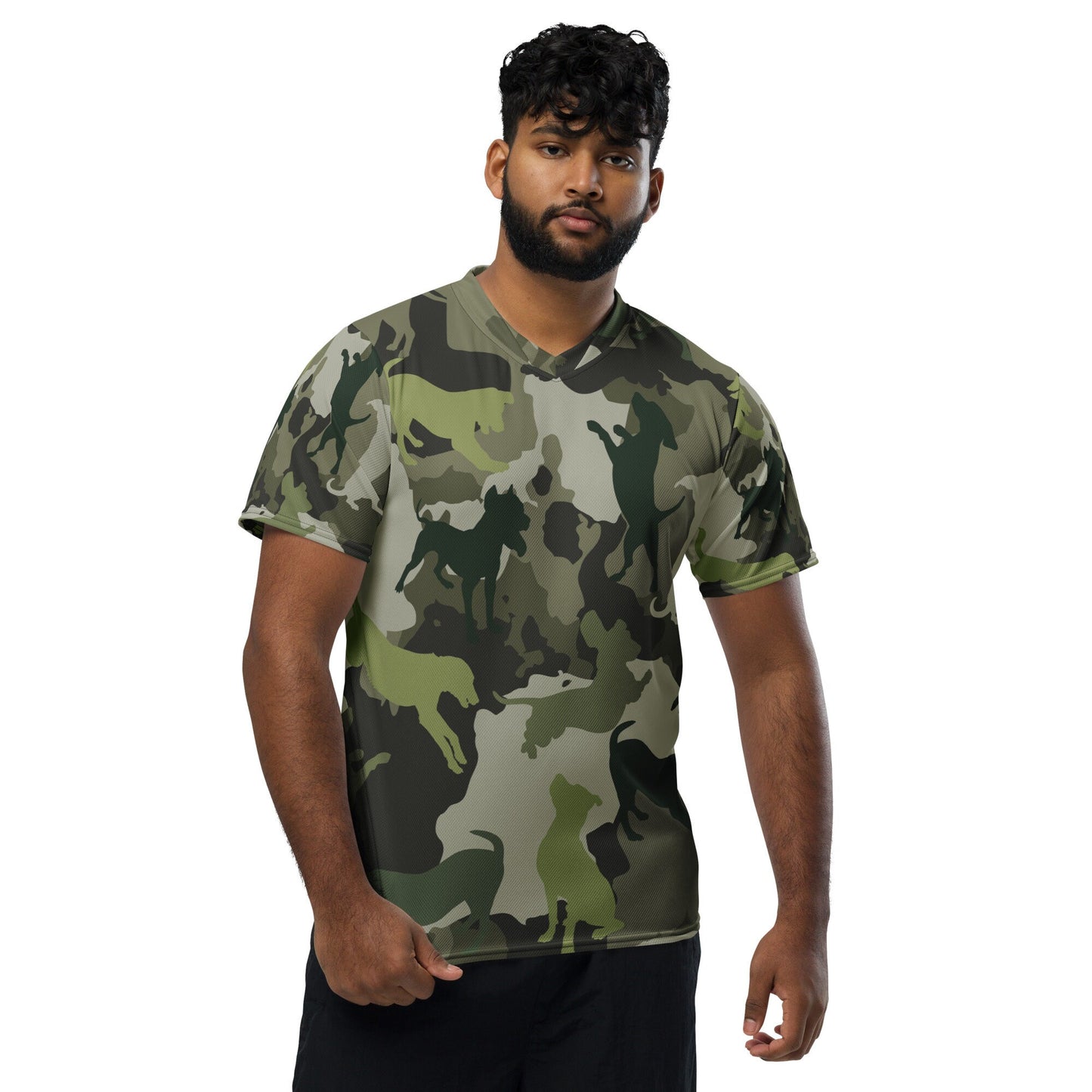 Spot the Dogs - Funky Camouflage Dog print, Rapper Style Fashion, Stylish V-neck tee, Gift for Dog Lover, ECO Recycled unisex T-shirt jersey