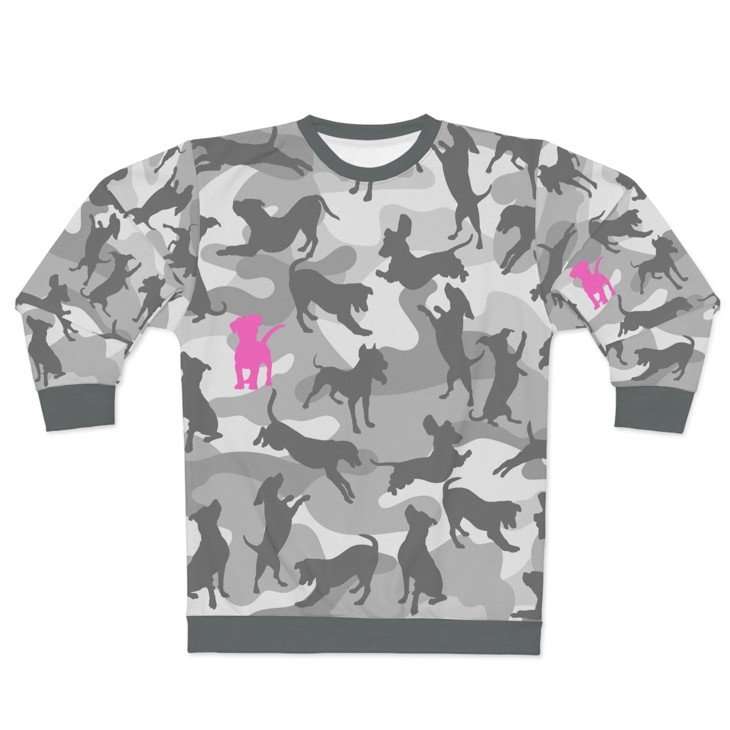 Trendy Grey n Pink Camouflage Dog Mom Sweater, Unisex Ones Size Sweatshirt