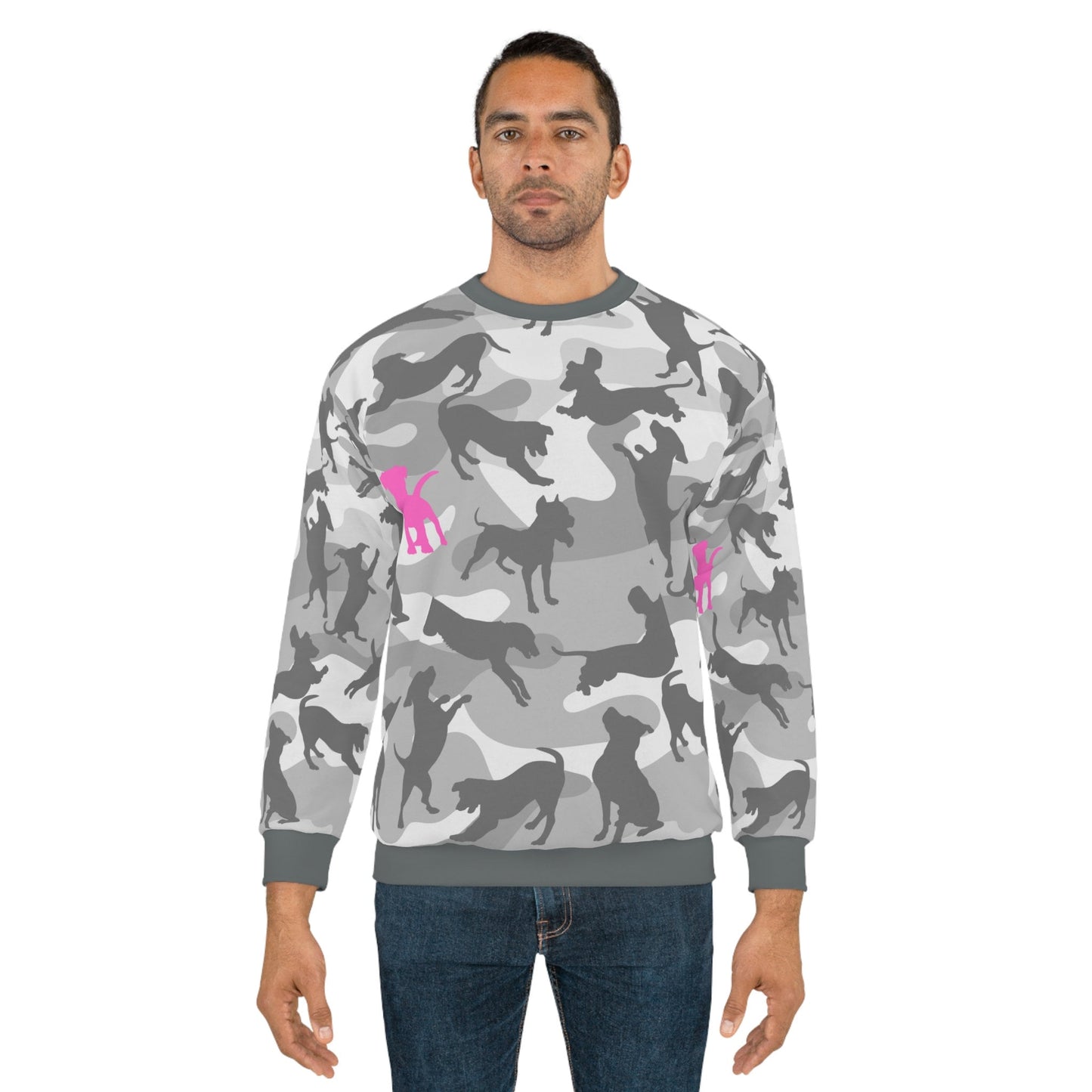 Trendy Grey n Pink Camouflage Dog Mom Sweater, Unisex Ones Size Sweatshirt