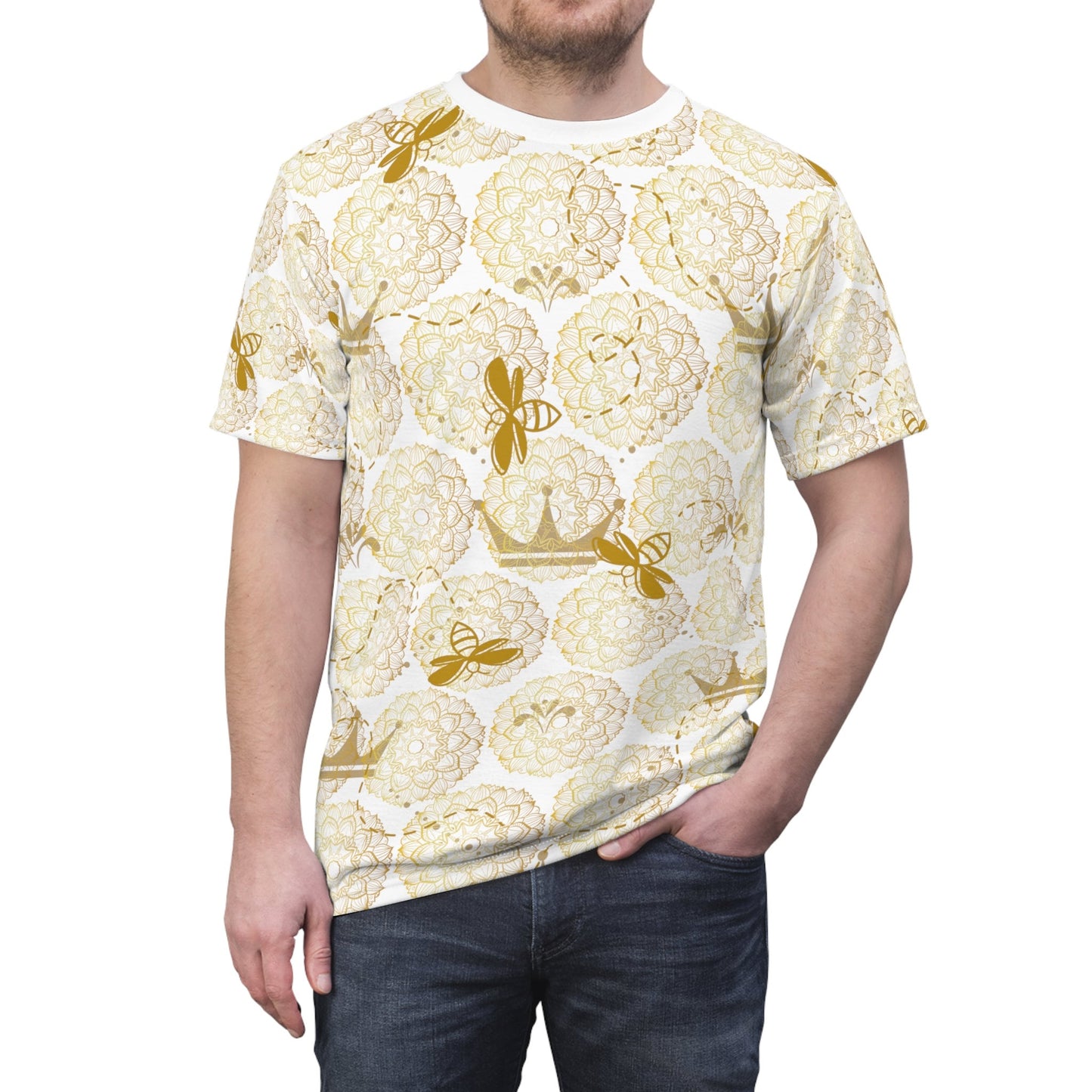 Queen Bee Mandala shirt - Trendy Honey Bee T-shirt, Gold White Bee print Shirt, Honeycomb Bee, Bee Kind Gift, Zen Mandala Tshirt, Unisex Tee