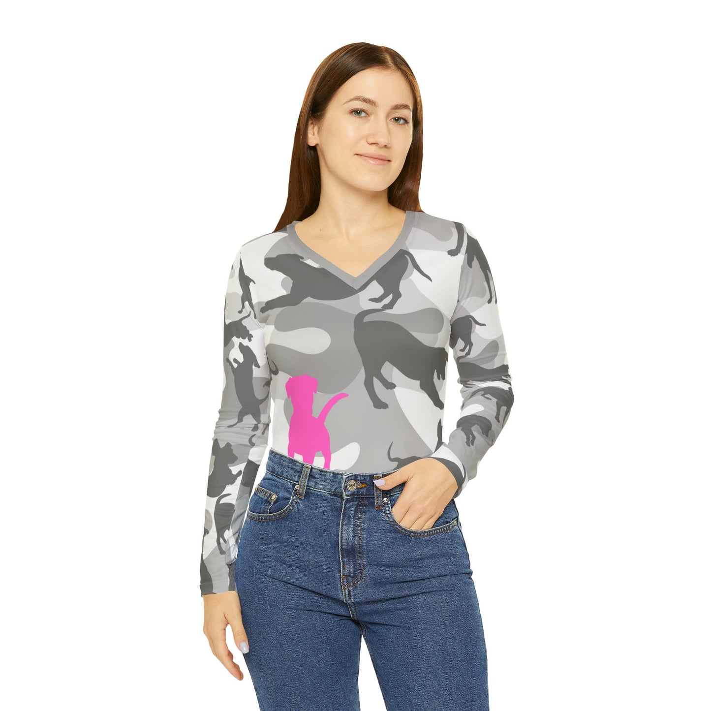 Spot the Dogs All Over Print/Funny Camouflage Grey Pink Dog Shirt/Gift for Dog Mom/Trendy Dog Lover shirt/Dog Walker tee/Women's Long V-neck