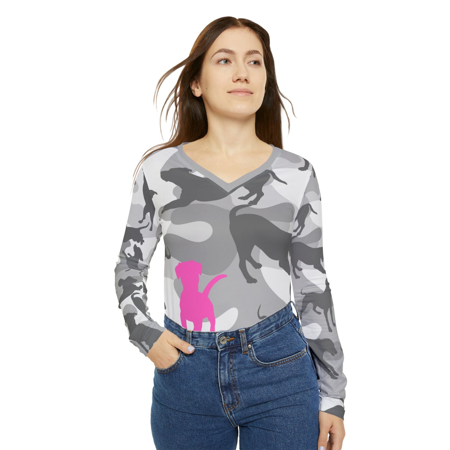 Spot the Dogs All Over Print/Funny Camouflage Grey Pink Dog Shirt/Gift for Dog Mom/Trendy Dog Lover shirt/Dog Walker tee/Women's Long V-neck