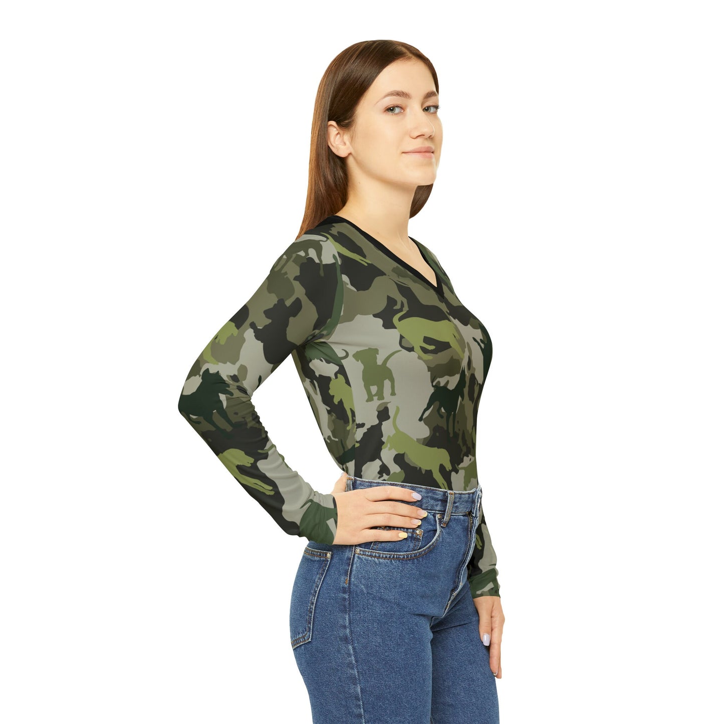 Spot the Dogs All Over Print/Funny Camouflage Dog Shirt/Gift for Dog Mom/Dog Lover t-shirt/Dog Walkers tee/Women's Long Sleeve V-neck Shirt