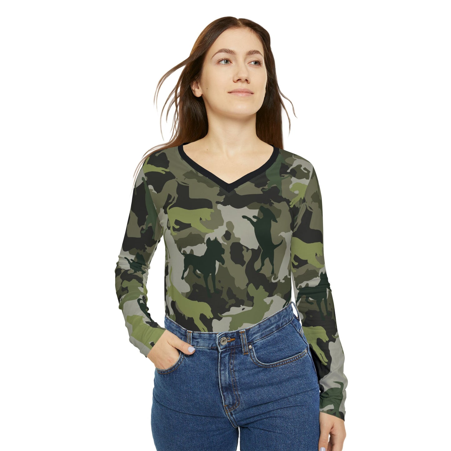 Spot the Dogs All Over Print/Funny Camouflage Dog Shirt/Gift for Dog Mom/Dog Lover t-shirt/Dog Walkers tee/Women's Long Sleeve V-neck Shirt