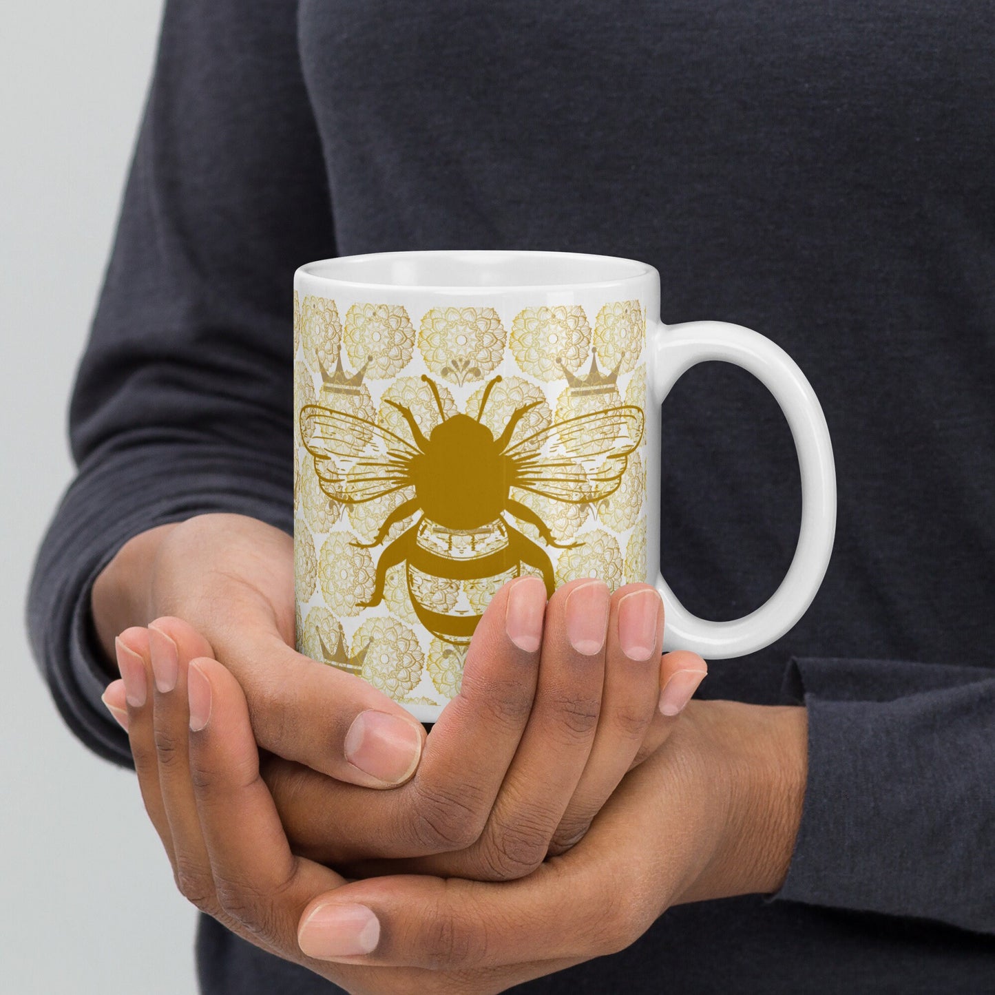 Queen Bee Coffee Mug, Honey Bee Mandala Tee Mug, 2 Sizes Available, Stylish Bee Print, Mug Gift for Her, Work Office Gift, Gift for Teacher