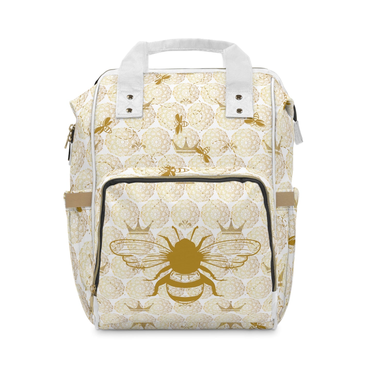 Stylish Diaper Backpack Bag/Queen Bee Print/ Unique Elegant Design/ Woman's Weekend Bag/Multifunctional Bag/White and Gold/Baby Shower Gift