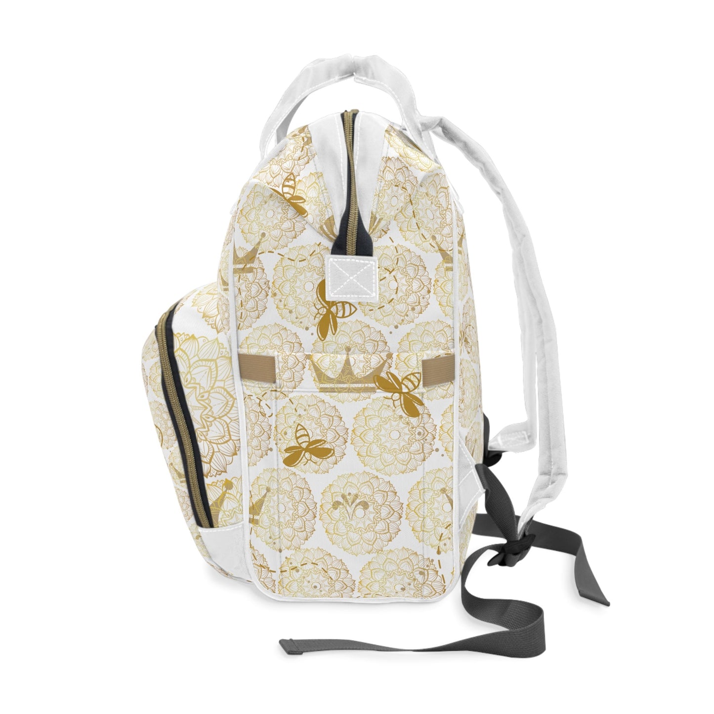Stylish Diaper Backpack Bag/Queen Bee Print/ Unique Elegant Design/ Woman's Weekend Bag/Multifunctional Bag/White and Gold/Baby Shower Gift