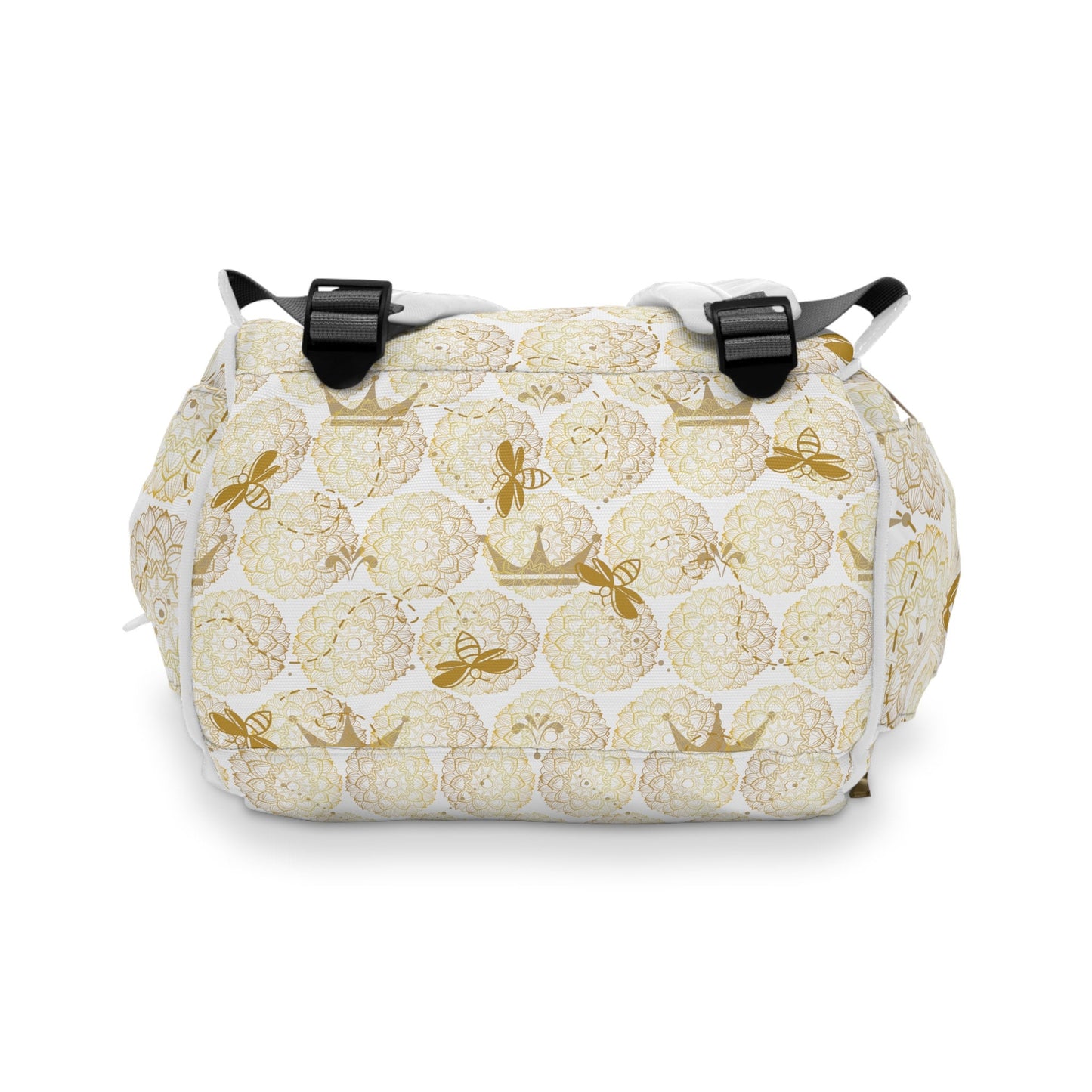 Stylish Diaper Backpack Bag/Queen Bee Print/ Unique Elegant Design/ Woman's Weekend Bag/Multifunctional Bag/White and Gold/Baby Shower Gift
