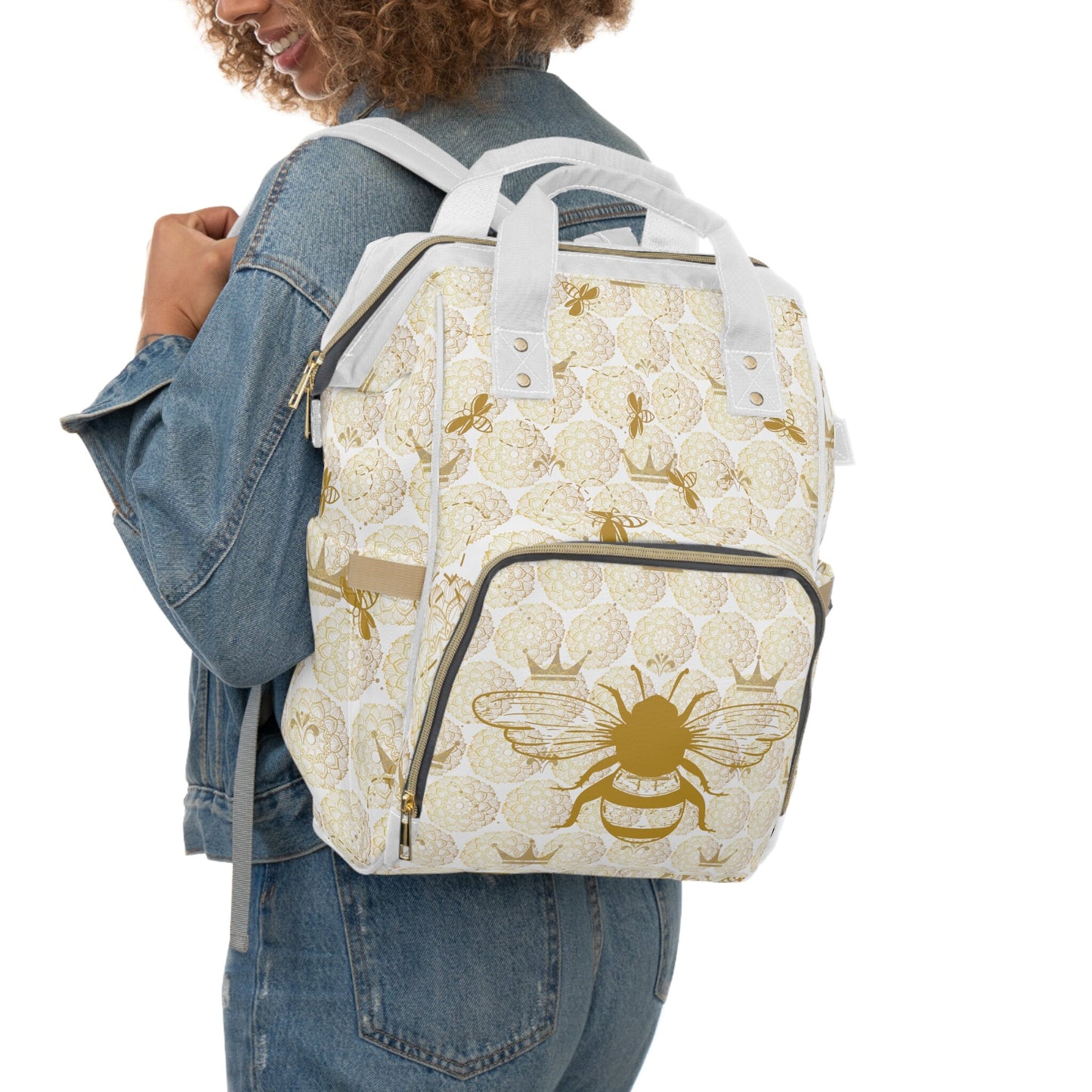 Stylish Diaper Backpack Bag/Queen Bee Print/ Unique Elegant Design/ Woman's Weekend Bag/Multifunctional Bag/White and Gold/Baby Shower Gift