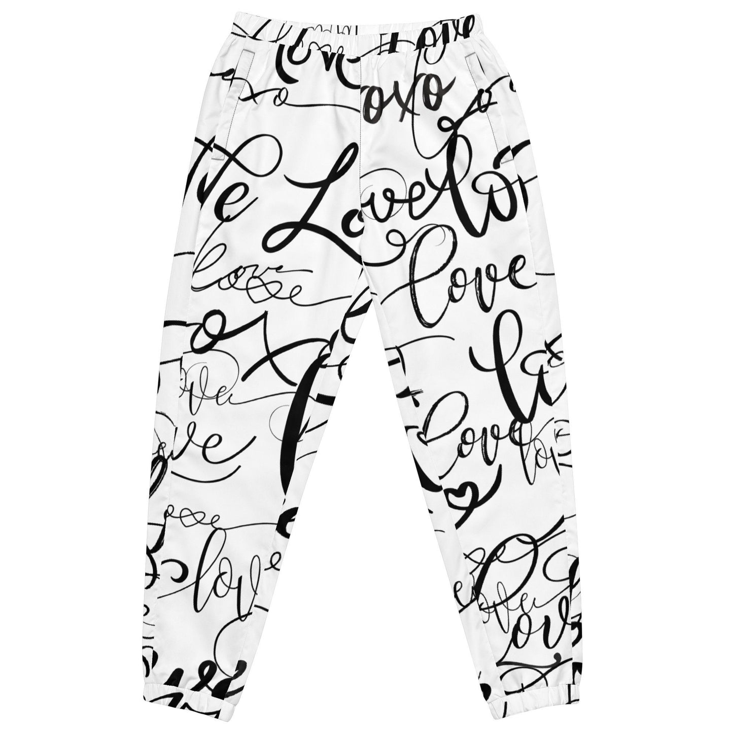 Love Love Love pants /All Over Print Bottoms/Festival Clothing/Trippy Love /Unisex Love Track pants, Black and White Unisex track pants