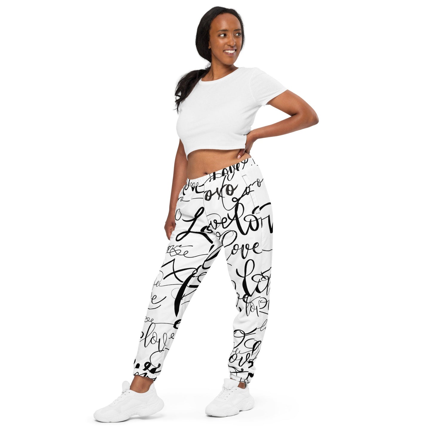 Love Love Love pants /All Over Print Bottoms/Festival Clothing/Trippy Love /Unisex Love Track pants, Black and White Unisex track pants