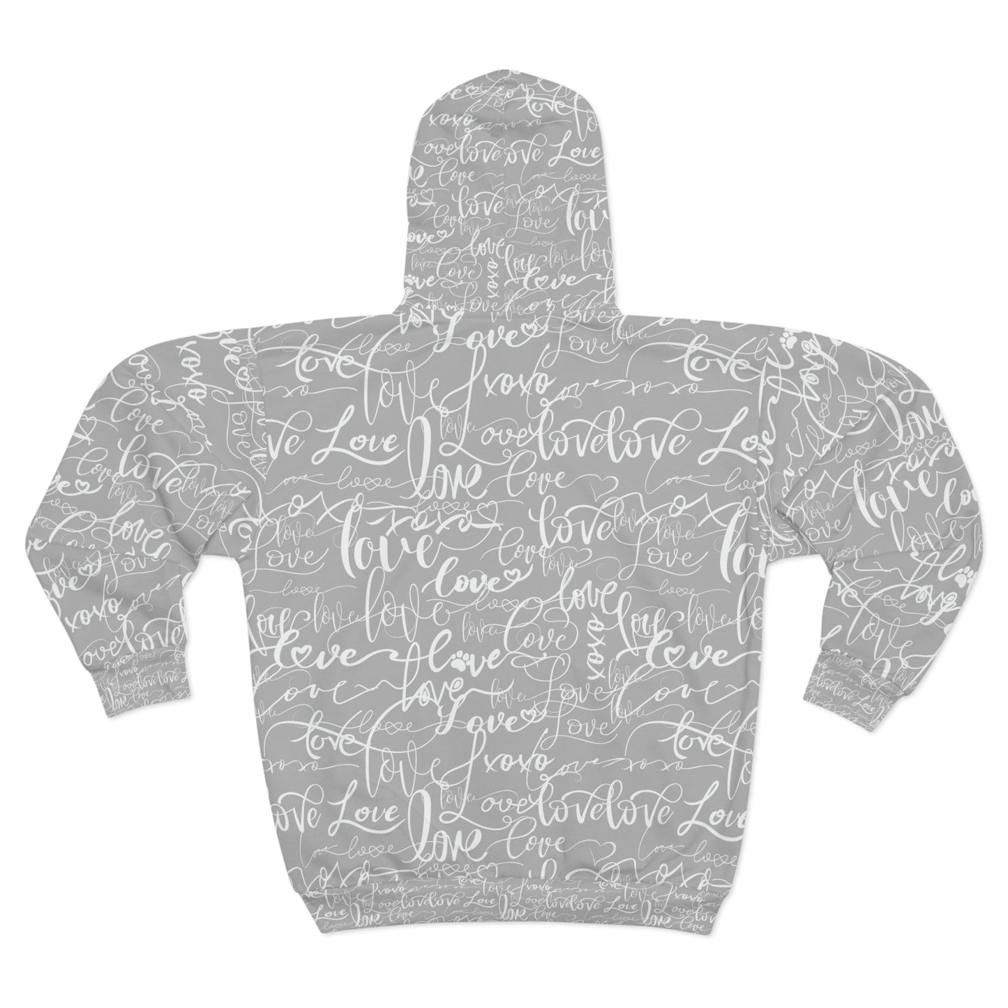 Love Love Love Grey Hoodie, All Over Print Rave Hoodie, Summer Festival Hoodie, Funky Love Design Streetwear Hoodie, Unisex Zip Hoodie (AOP)