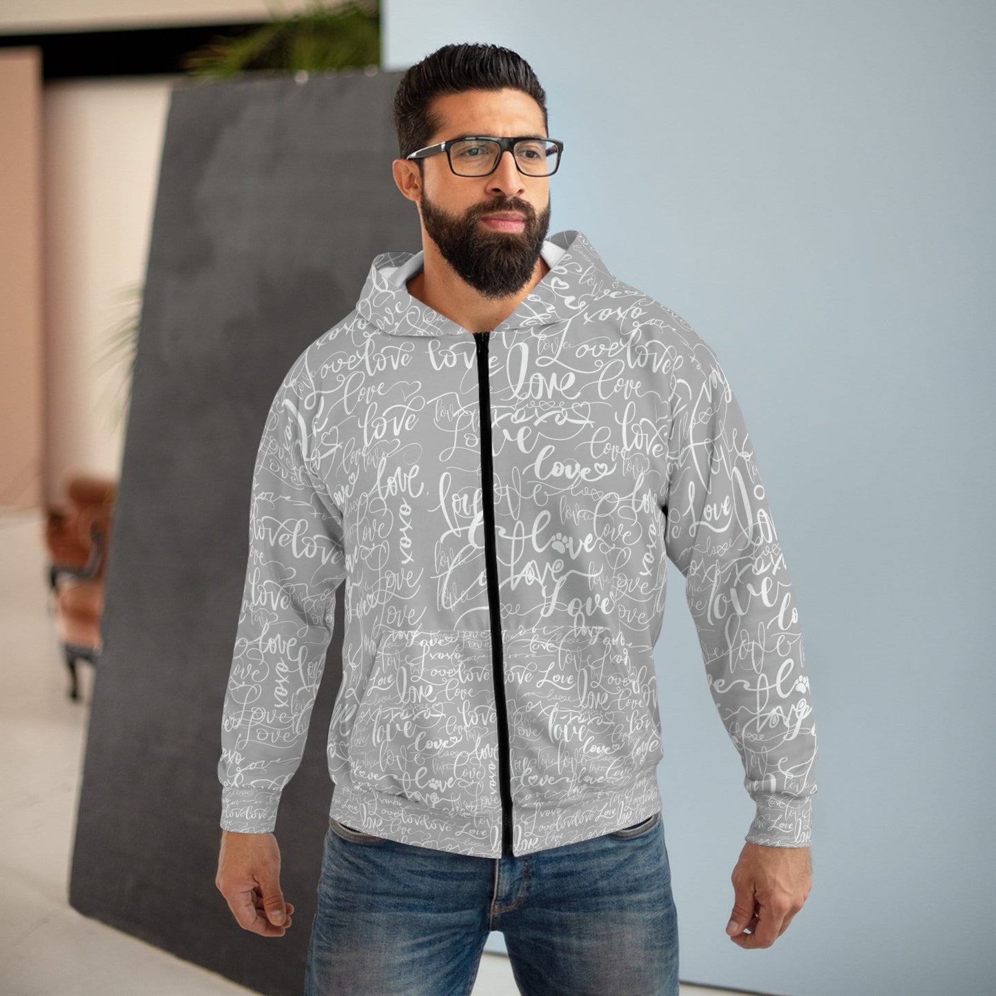 Love Love Love Grey Hoodie, All Over Print Rave Hoodie, Summer Festival Hoodie, Funky Love Design Streetwear Hoodie, Unisex Zip Hoodie (AOP)