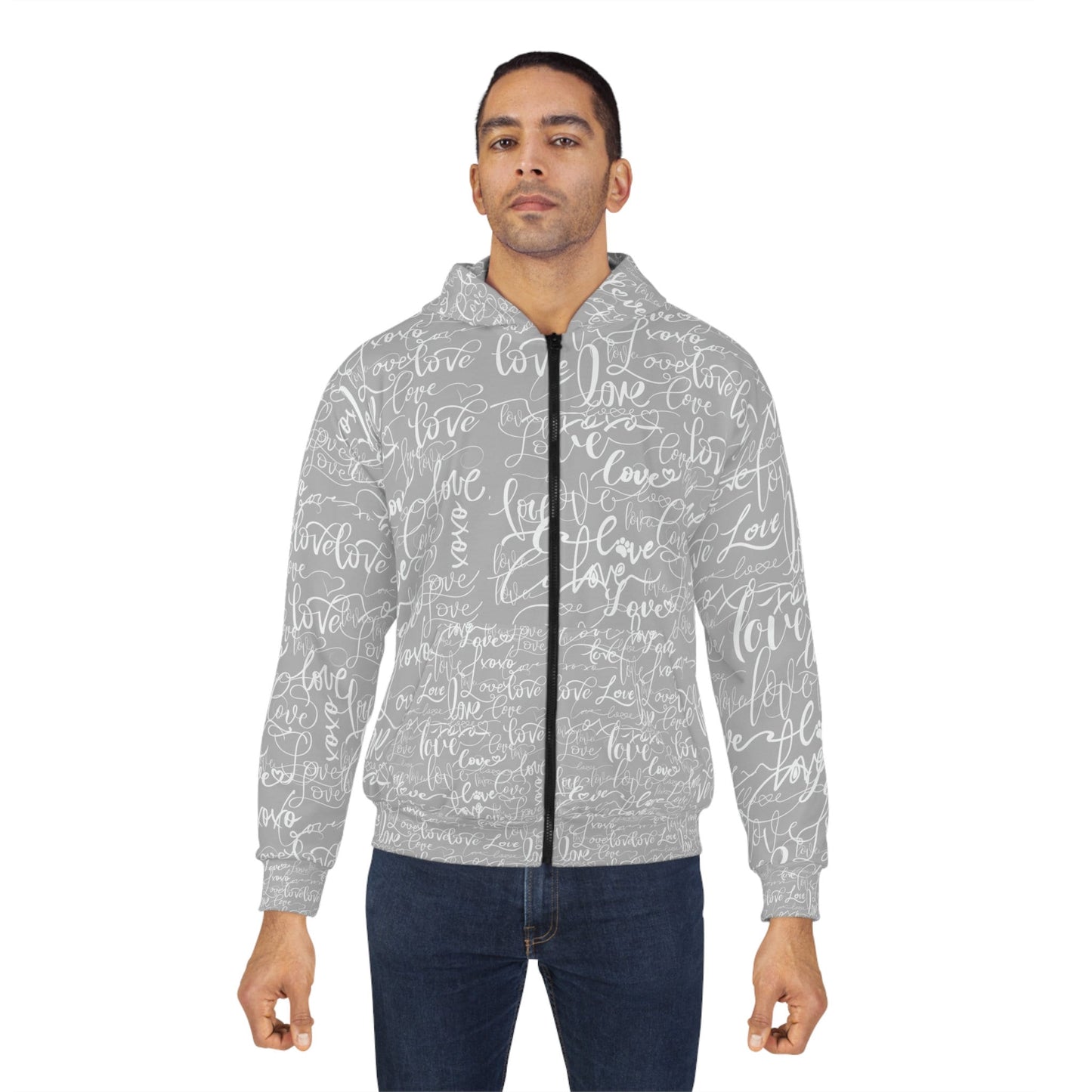 Love Love Love Grey Hoodie, All Over Print Rave Hoodie, Summer Festival Hoodie, Funky Love Design Streetwear Hoodie, Unisex Zip Hoodie (AOP)