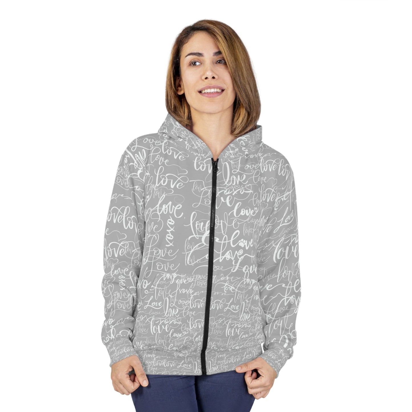 Love Love Love Grey Hoodie, All Over Print Rave Hoodie, Summer Festival Hoodie, Funky Love Design Streetwear Hoodie, Unisex Zip Hoodie (AOP)