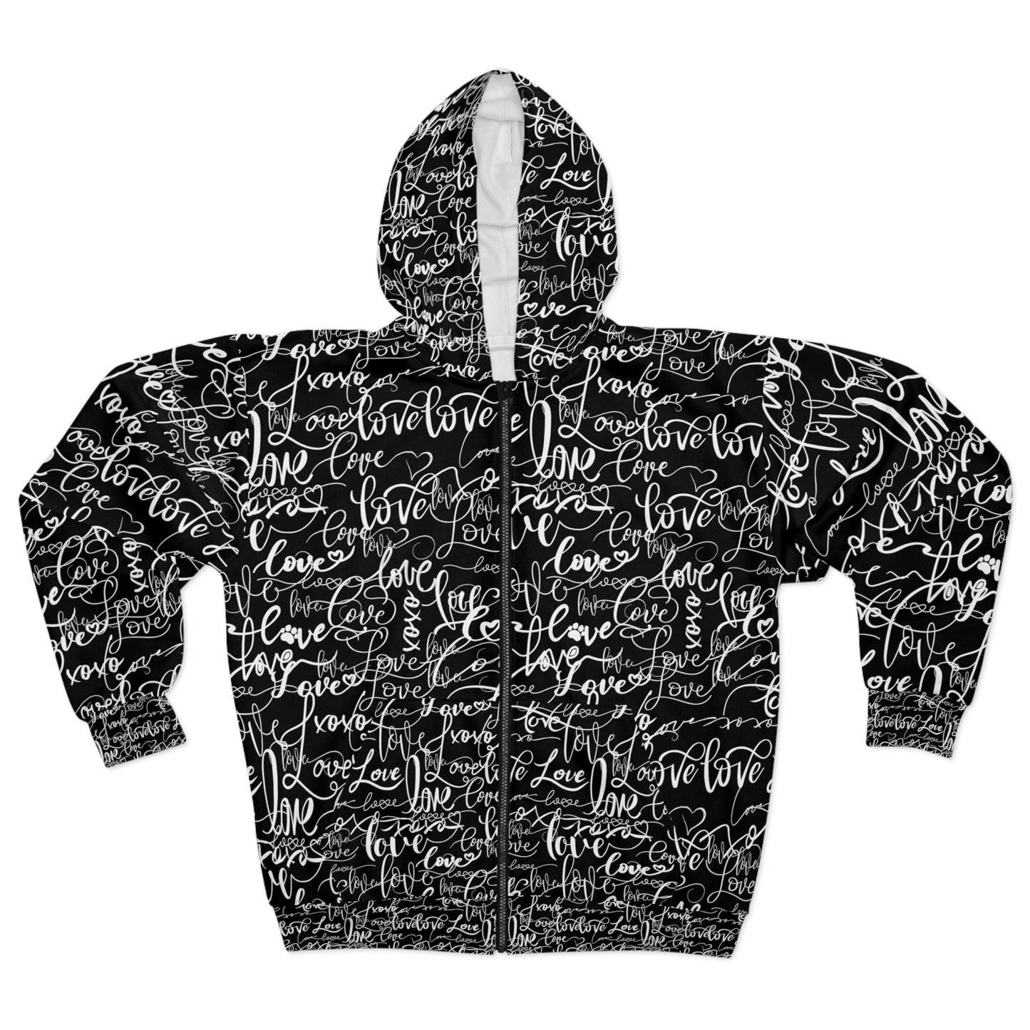 Love Love Love B&W Hoodie, All Over Print Rave Hoodie, Summer Festival Hoodie, Stag Party Hoodie, Streetwear Hoodie, Unisex Zip Hoodie (AOP)