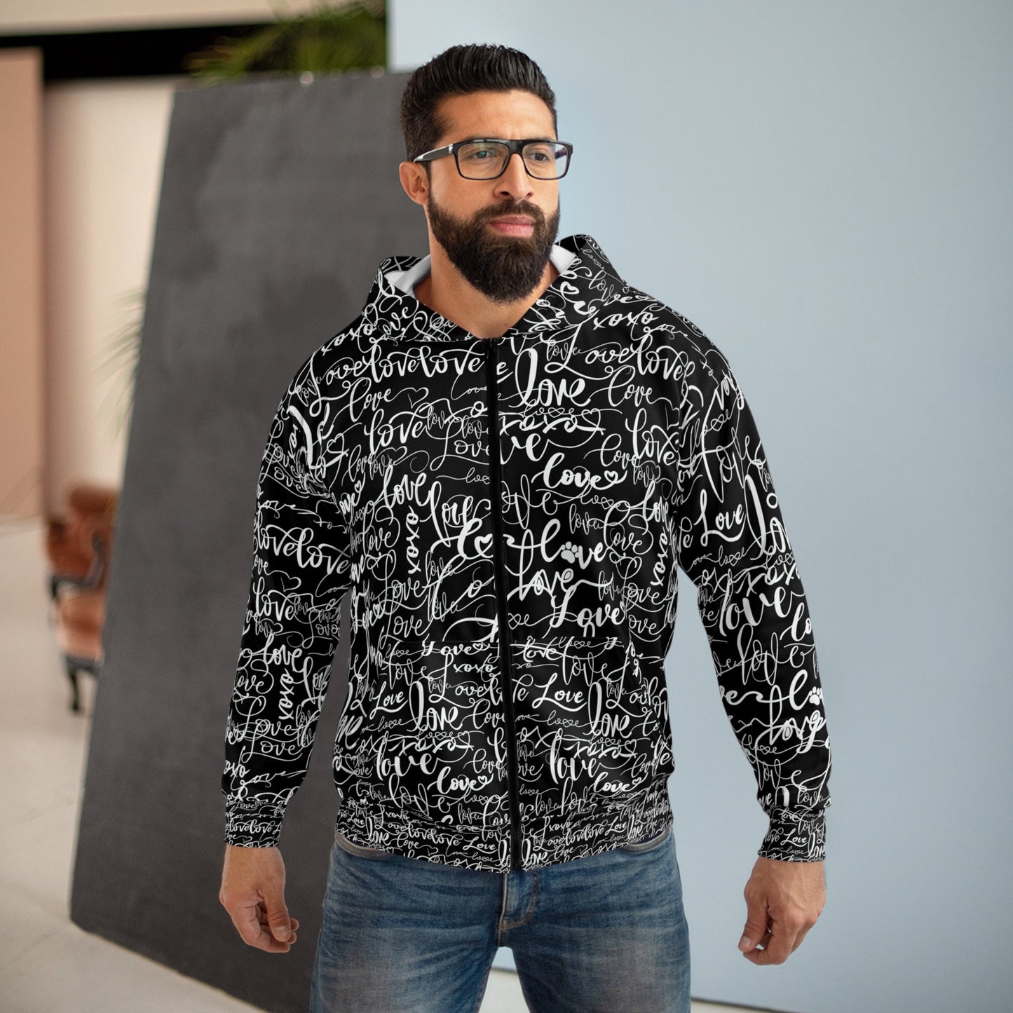 Love Love Love B&W Hoodie, All Over Print Rave Hoodie, Summer Festival Hoodie, Stag Party Hoodie, Streetwear Hoodie, Unisex Zip Hoodie (AOP)