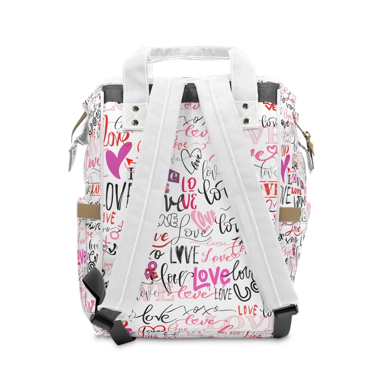 Stylish Backpack Bag/Love All Over Print/ Unique Elegant Design/ Woman's Weekend Bag/Multifunctional Diaper Bag/White with Pinks
