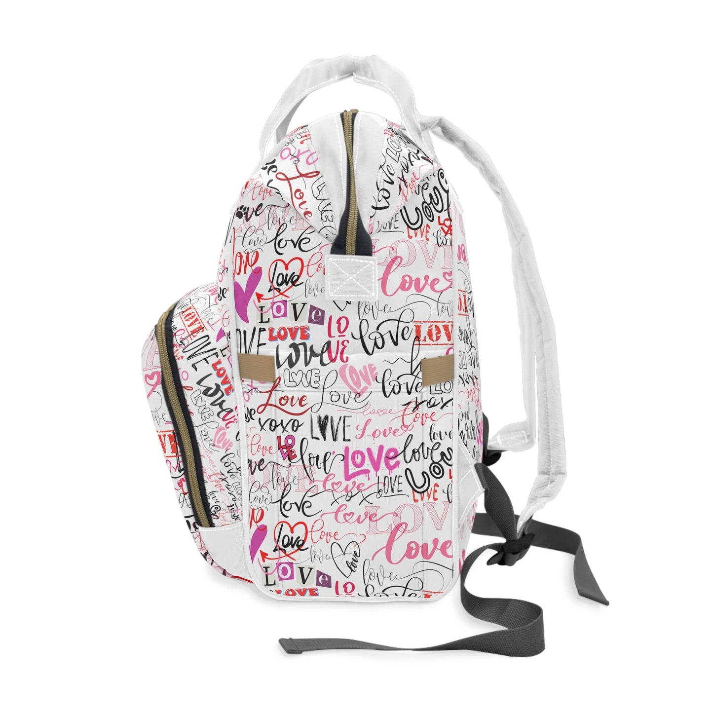 Stylish Backpack Bag/Love All Over Print/ Unique Elegant Design/ Woman's Weekend Bag/Multifunctional Diaper Bag/White with Pinks