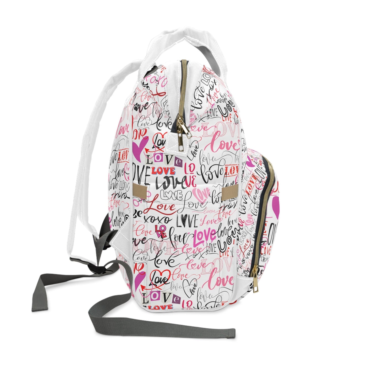 Stylish Backpack Bag/Love All Over Print/ Unique Elegant Design/ Woman's Weekend Bag/Multifunctional Diaper Bag/White with Pinks