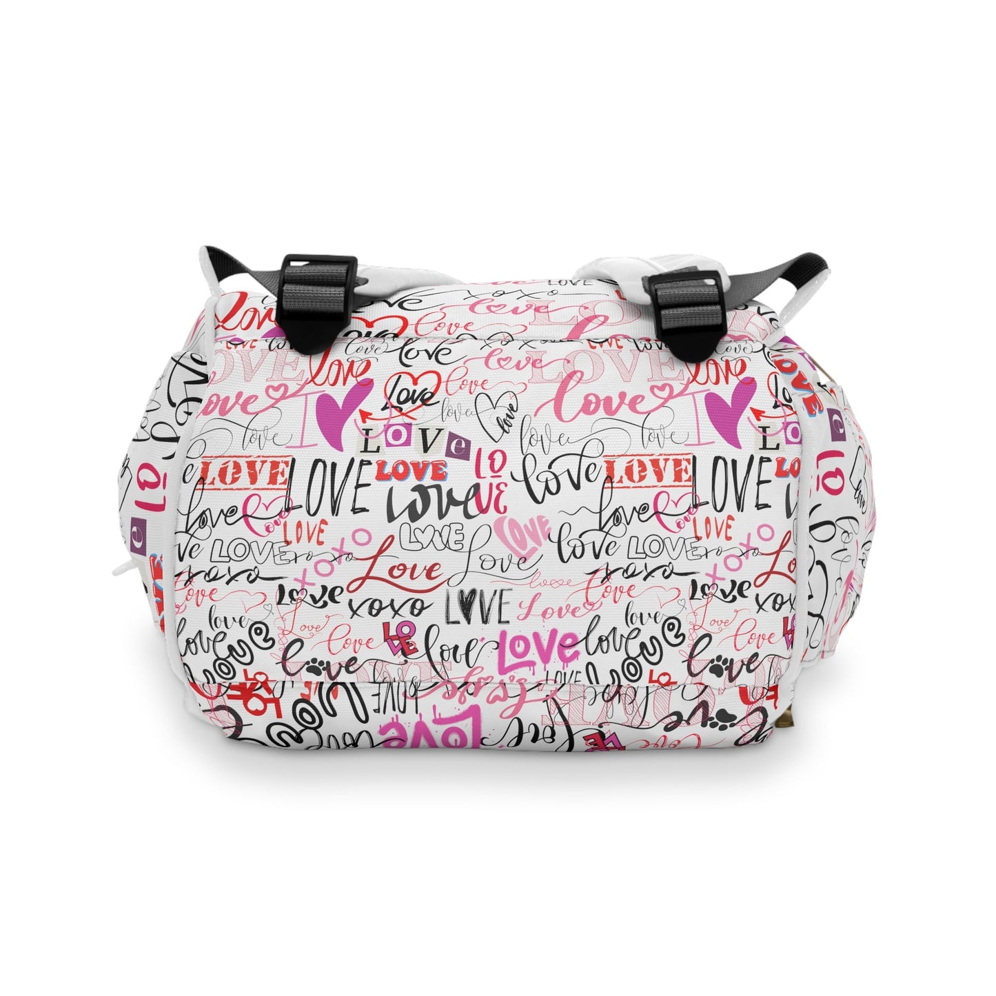 Stylish Backpack Bag/Love All Over Print/ Unique Elegant Design/ Woman's Weekend Bag/Multifunctional Diaper Bag/White with Pinks