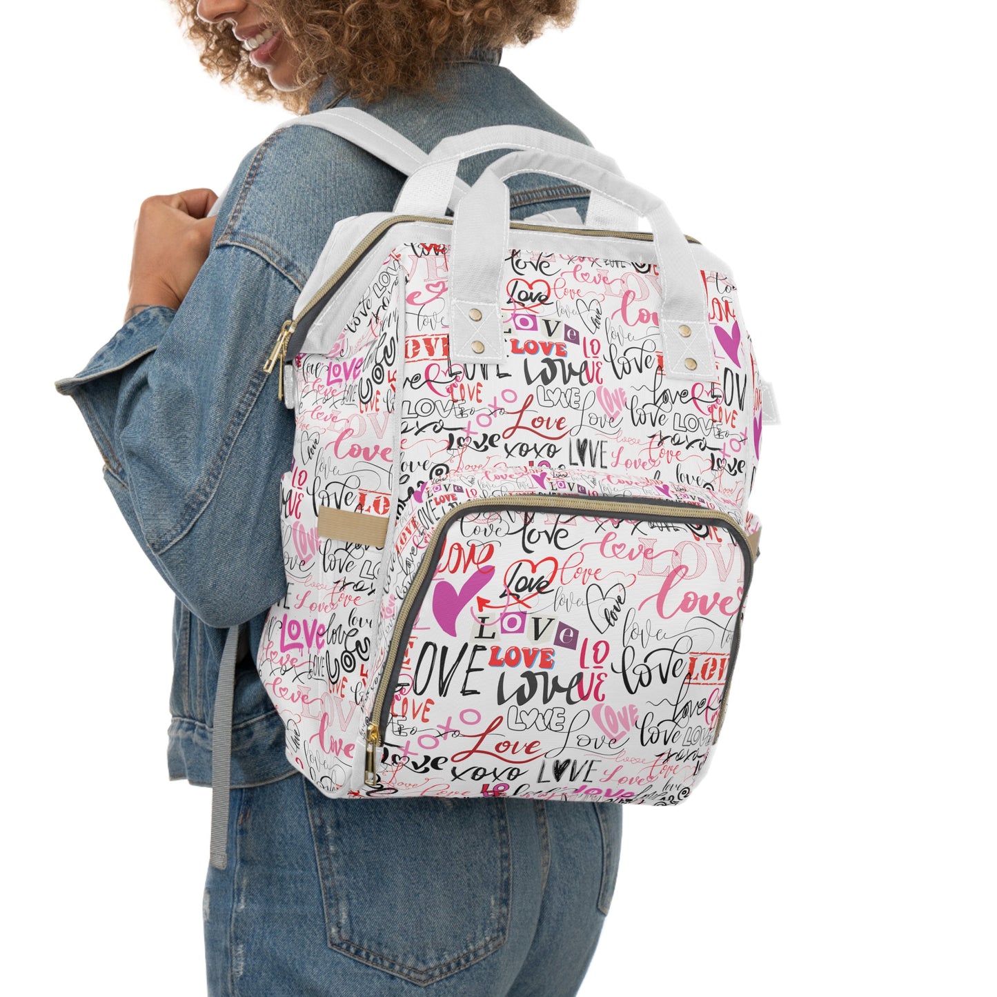 Stylish Backpack Bag/Love All Over Print/ Unique Elegant Design/ Woman's Weekend Bag/Multifunctional Diaper Bag/White with Pinks