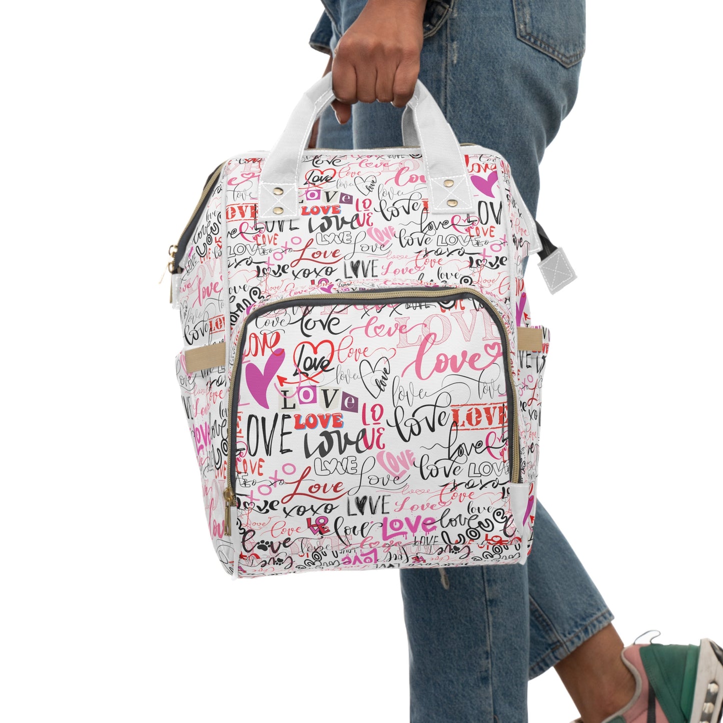 Stylish Backpack Bag/Love All Over Print/ Unique Elegant Design/ Woman's Weekend Bag/Multifunctional Diaper Bag/White with Pinks