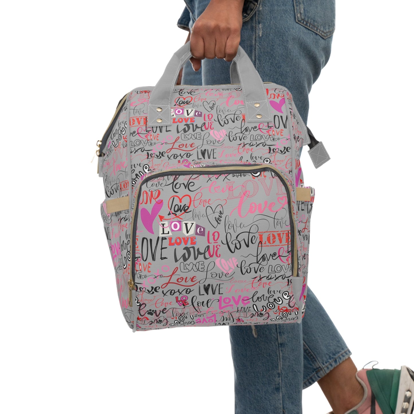 Stylish Baby Backpack Bag/Grey Love Love Print/ Unique Elegant Design/ Woman's Weekend Bag/Multifunctional Diaper Bag, Baby Diaper Backpack