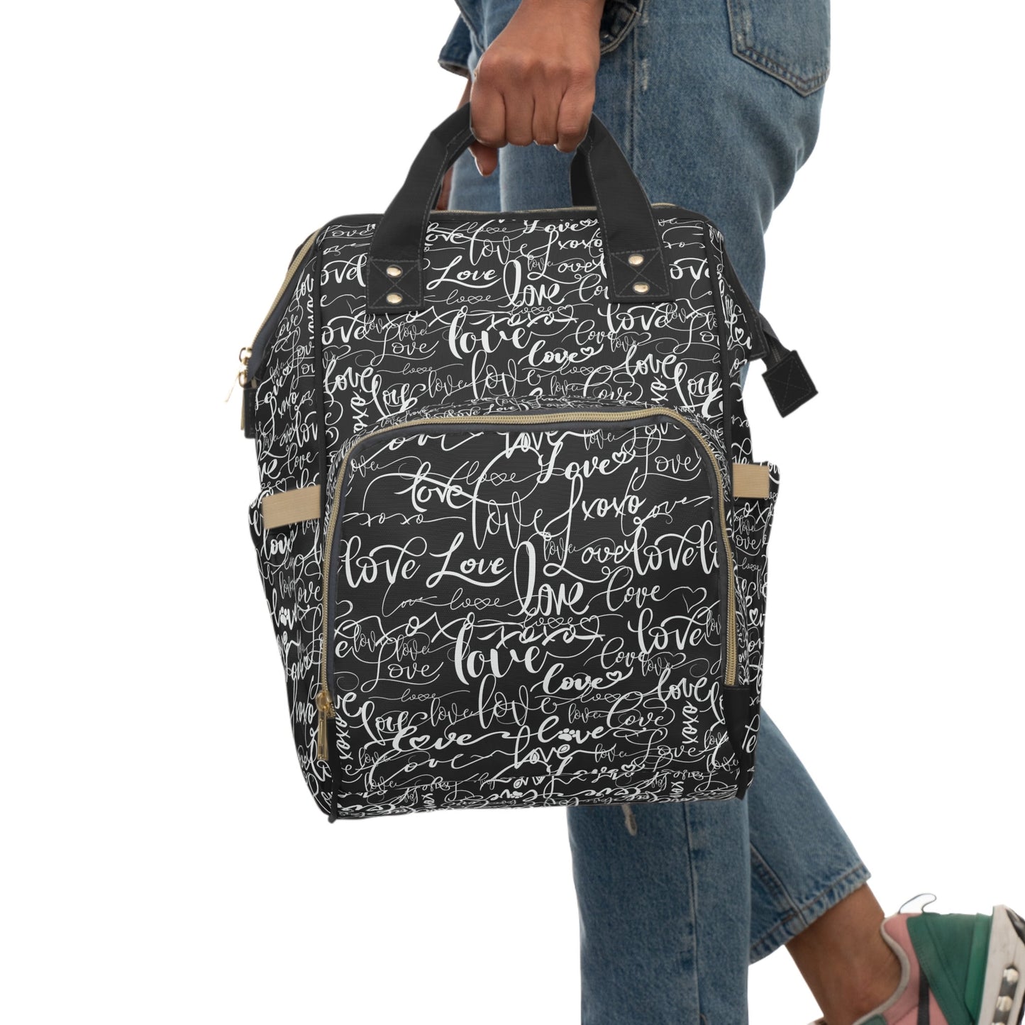 Stylish BackpackDiaper Bag, Love All Over Print/Unique Elegant Design, Woman's Weekend Bag, Multifunctional Diaper Bag, Black and White Bag