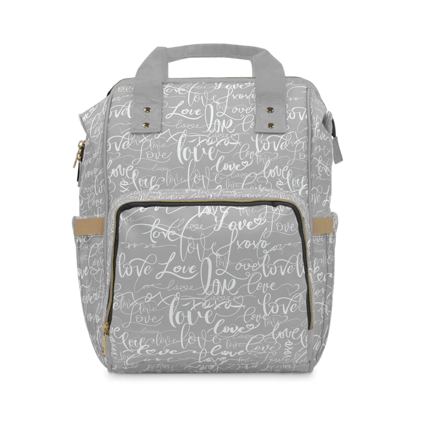 Trendy Stylish Backpack Diaper Bag/Love All Over Print/Unique Design/ Woman's Weekend Bag/Multifunctional Diaper Bag/Grey & White baby bag