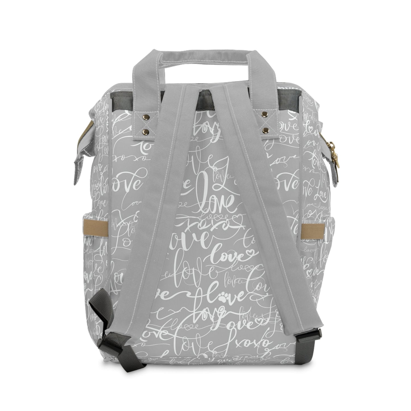 Trendy Stylish Backpack Diaper Bag/Love All Over Print/Unique Design/ Woman's Weekend Bag/Multifunctional Diaper Bag/Grey & White baby bag