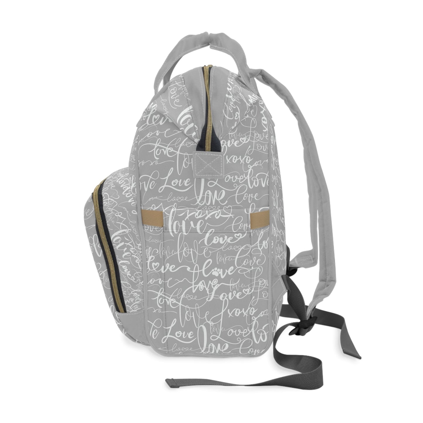 Trendy Stylish Backpack Diaper Bag/Love All Over Print/Unique Design/ Woman's Weekend Bag/Multifunctional Diaper Bag/Grey & White baby bag