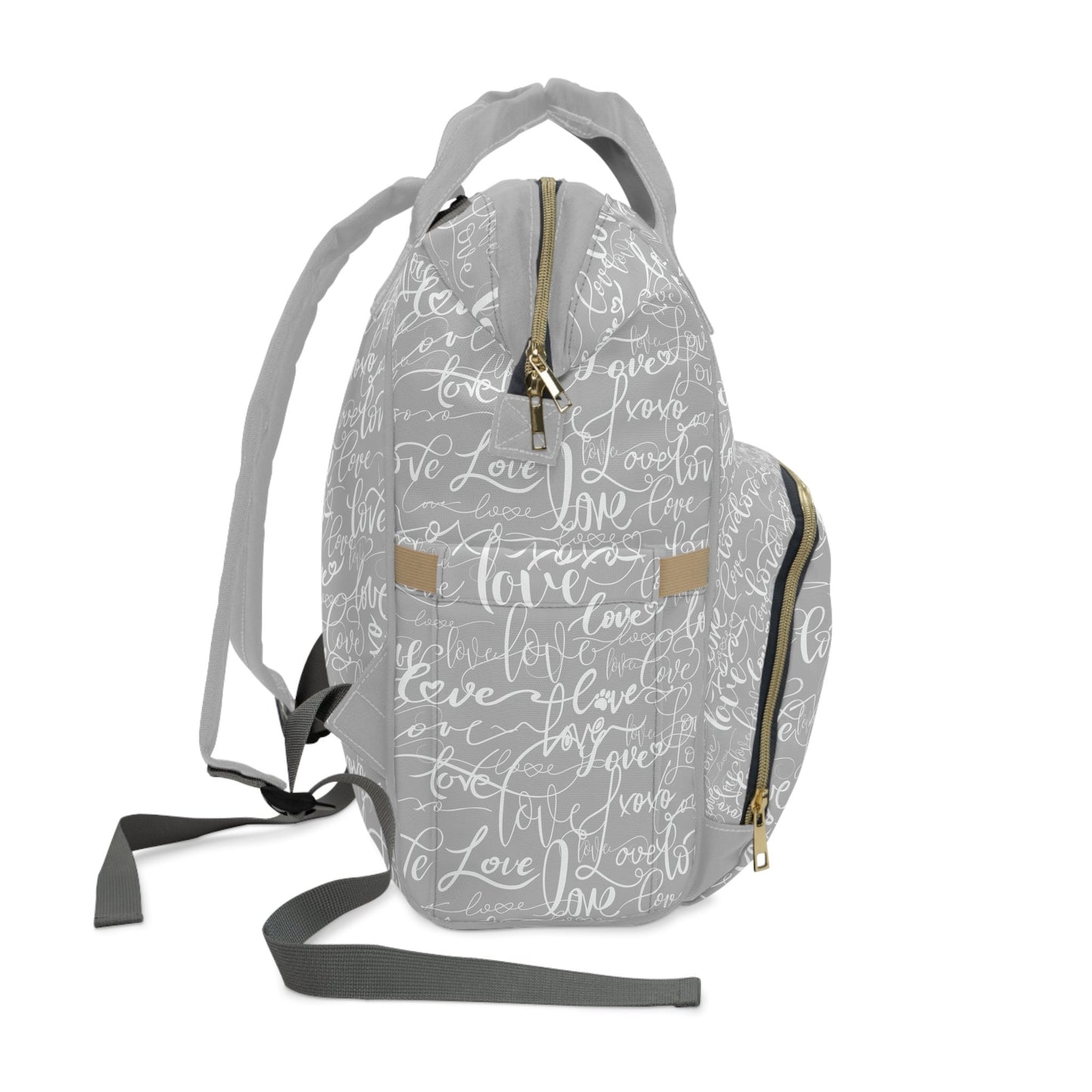 Trendy Stylish Backpack Diaper Bag/Love All Over Print/Unique Design/ Woman's Weekend Bag/Multifunctional Diaper Bag/Grey & White baby bag