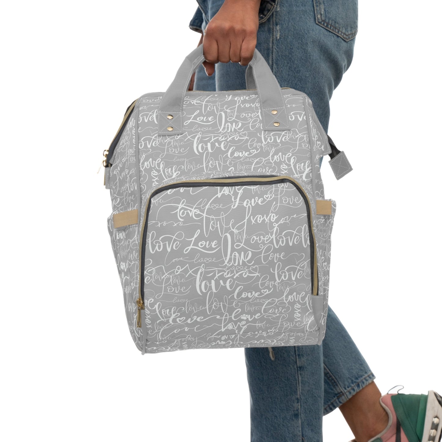 Trendy Stylish Backpack Diaper Bag/Love All Over Print/Unique Design/ Woman's Weekend Bag/Multifunctional Diaper Bag/Grey & White baby bag