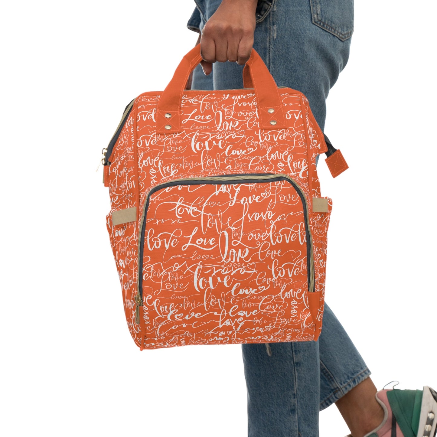 Unique Stylish Backpack Diaper Bag/Love All Over Print/Unique Elegant Design/ Woman's Weekend Bag/Multifunctional Diaper Bag/Orange and Grey
