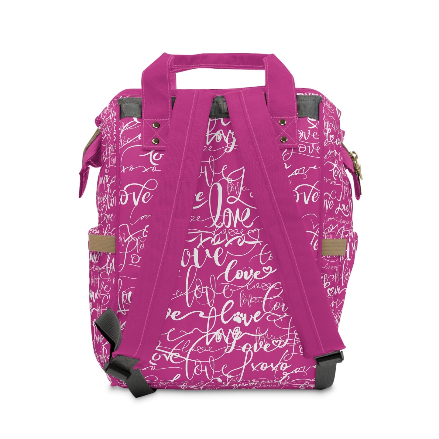Trendy Deep Pink Backpack Diaper Bag/Love All Over Print/Unique Elegant Design/ Woman's Weekend Bag/Multifunctional Baby Diaper Bag