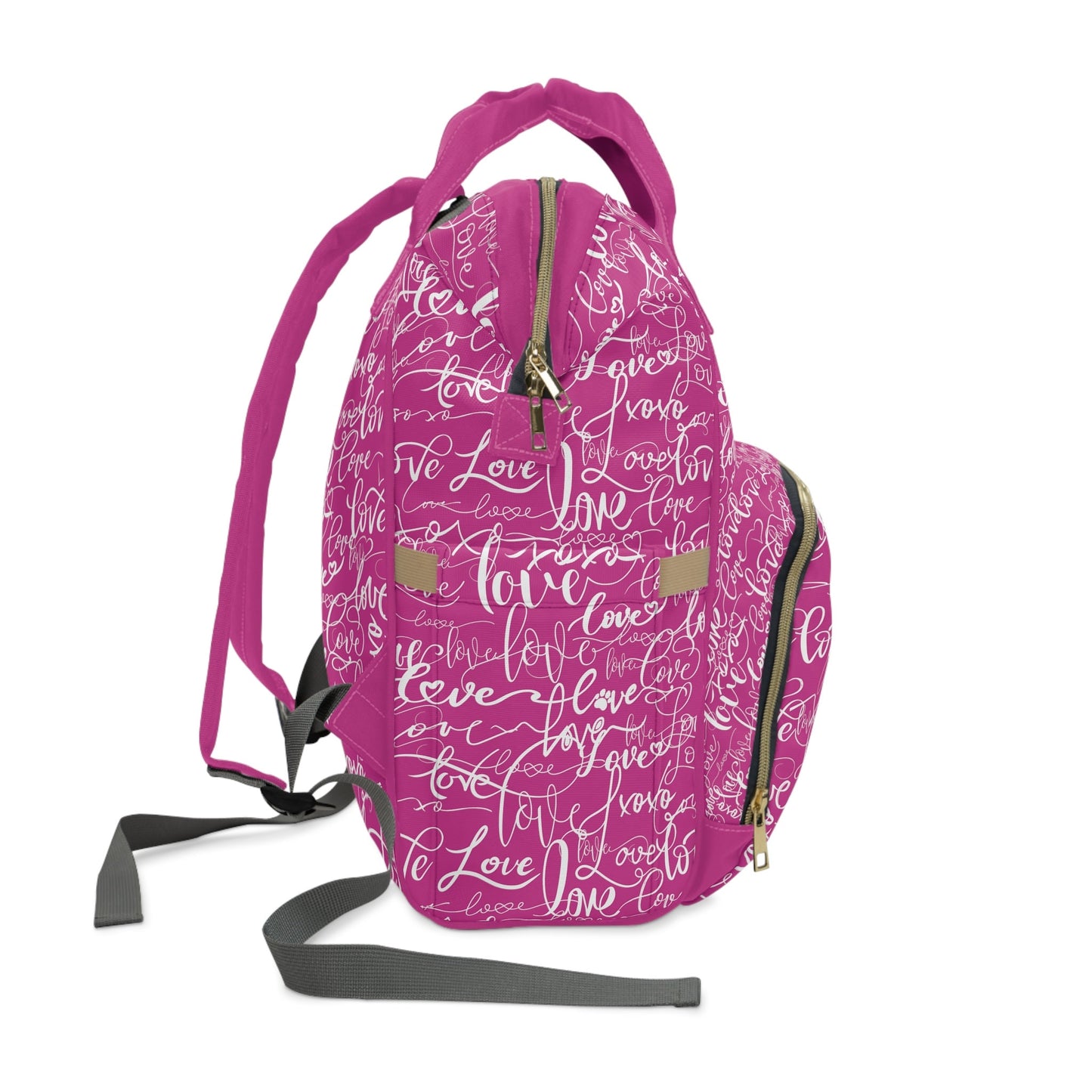 Trendy Deep Pink Backpack Diaper Bag/Love All Over Print/Unique Elegant Design/ Woman's Weekend Bag/Multifunctional Baby Diaper Bag