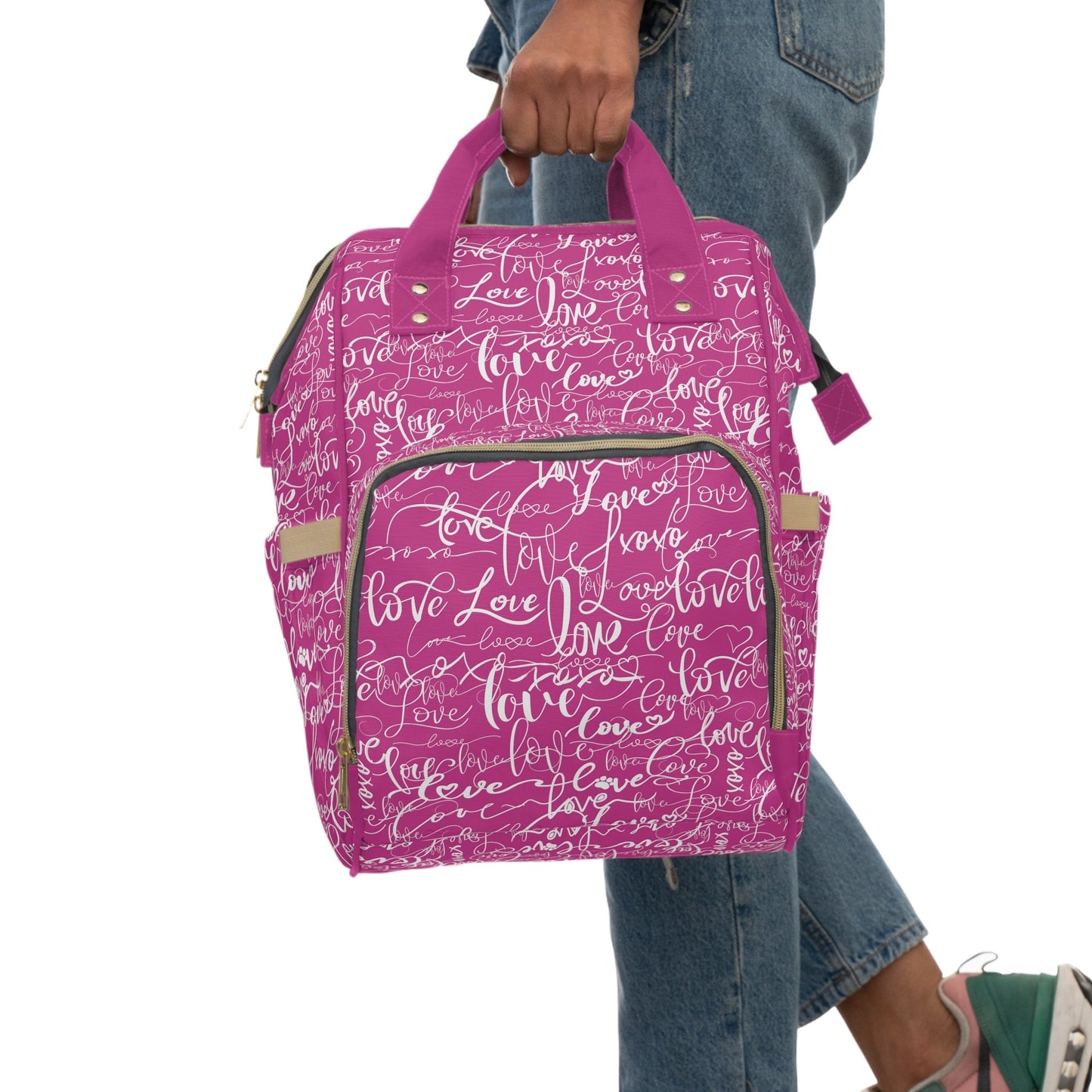 Trendy Deep Pink Backpack Diaper Bag/Love All Over Print/Unique Elegant Design/ Woman's Weekend Bag/Multifunctional Baby Diaper Bag