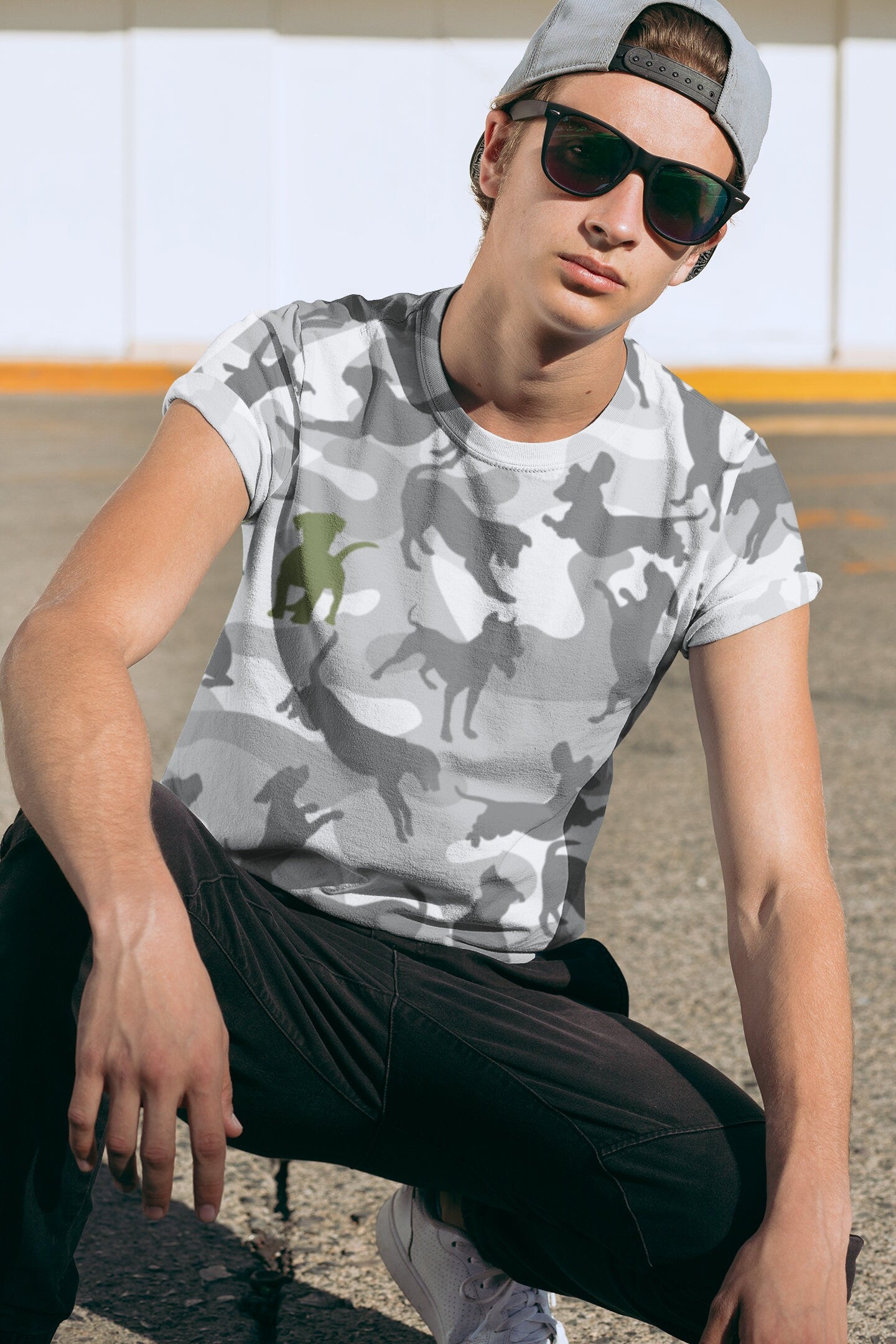 Spot the Dogs - Trendy Grey Camo Tee, Dog Dad T-shirt, Dog Mom Shirt, Camouflage Tee, Funky Dog Tshirt, Dog Walkers Fun Army Print shirt