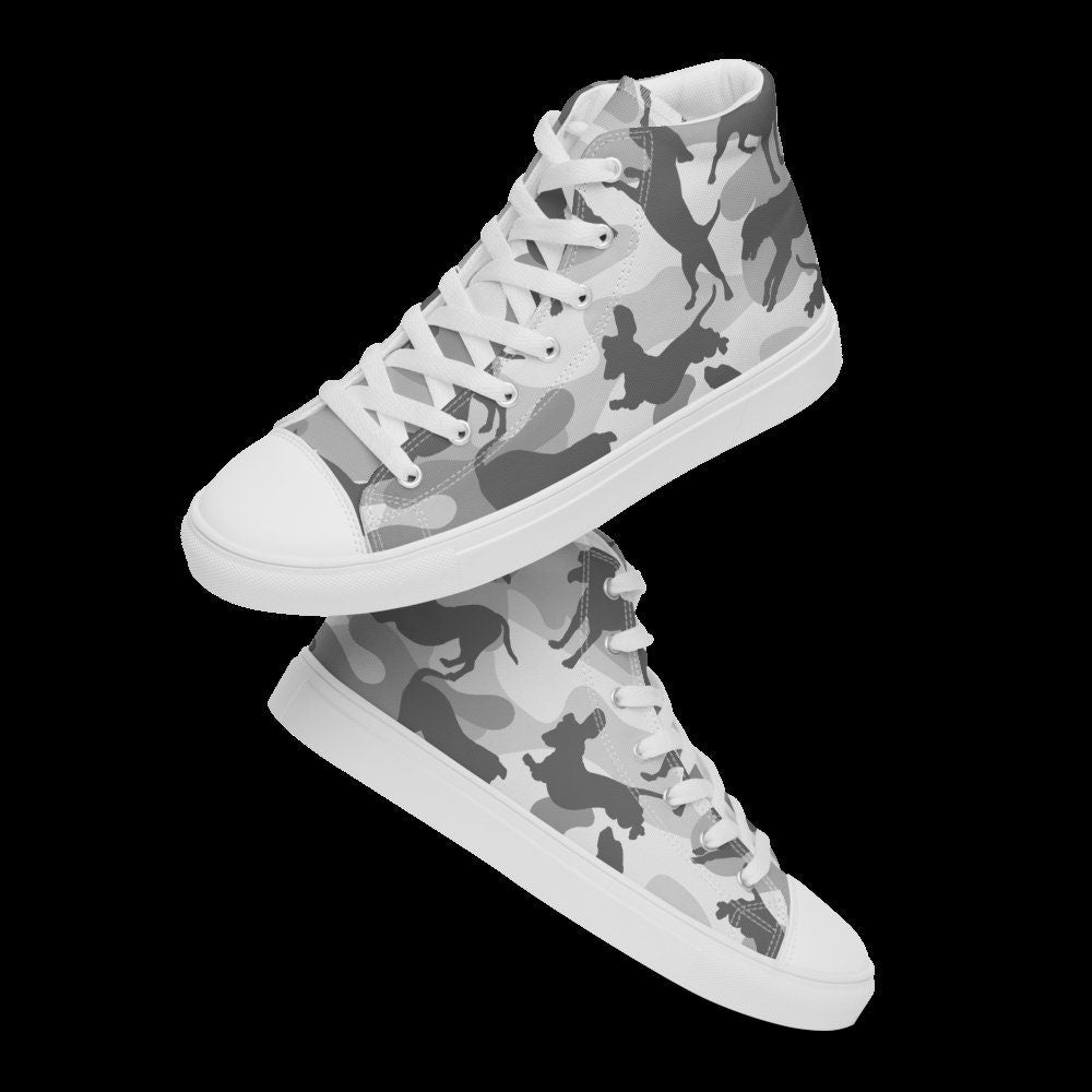 Spot The Dogs, Grey Camouflage Trainers, Camo Dog Print, Dog Lover shoes, Trendy high top trainers, gift for Dog walker, Dog Groomers gift