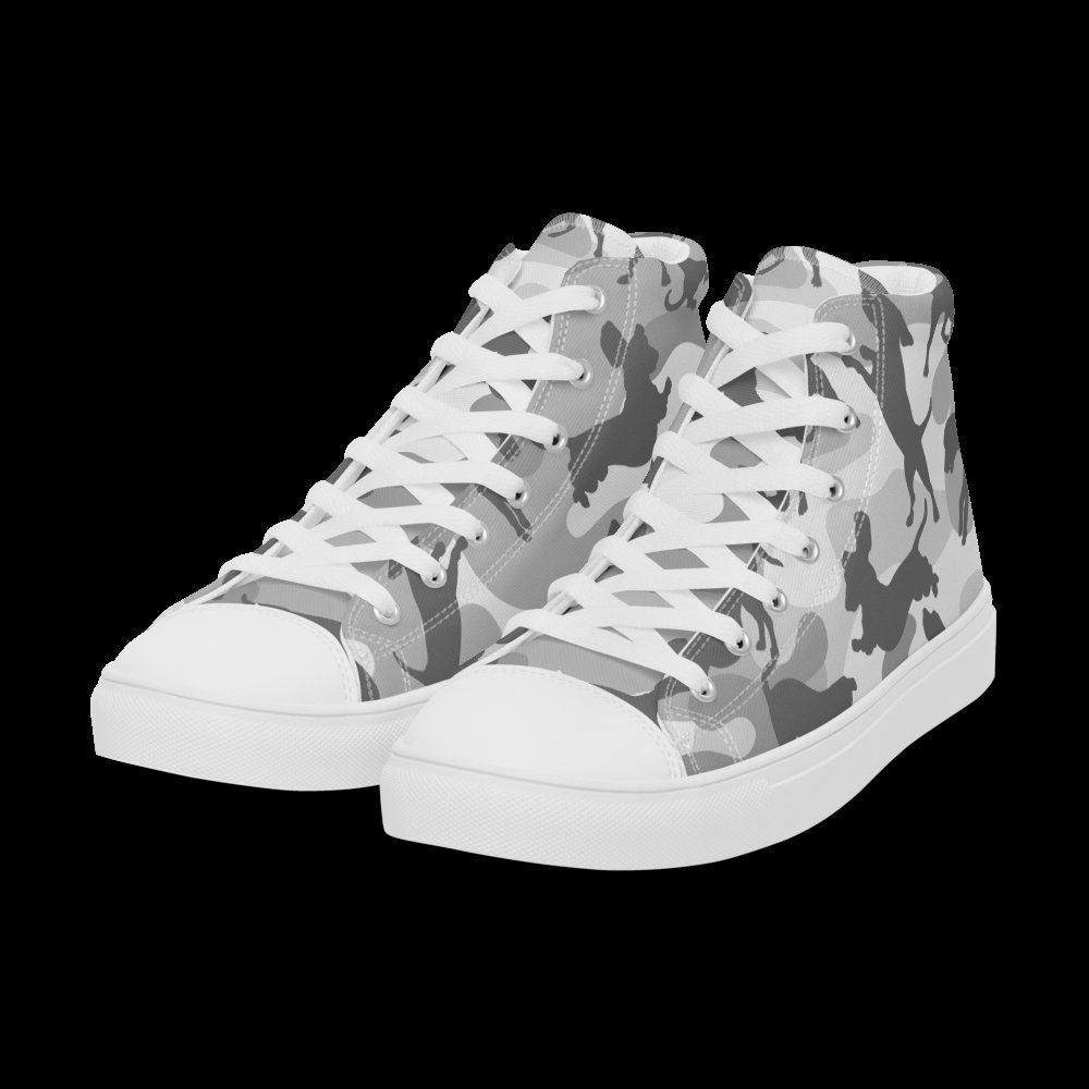 Spot The Dogs, Grey Camouflage Trainers, Camo Dog Print, Dog Lover shoes, Trendy high top trainers, gift for Dog walker, Dog Groomers gift