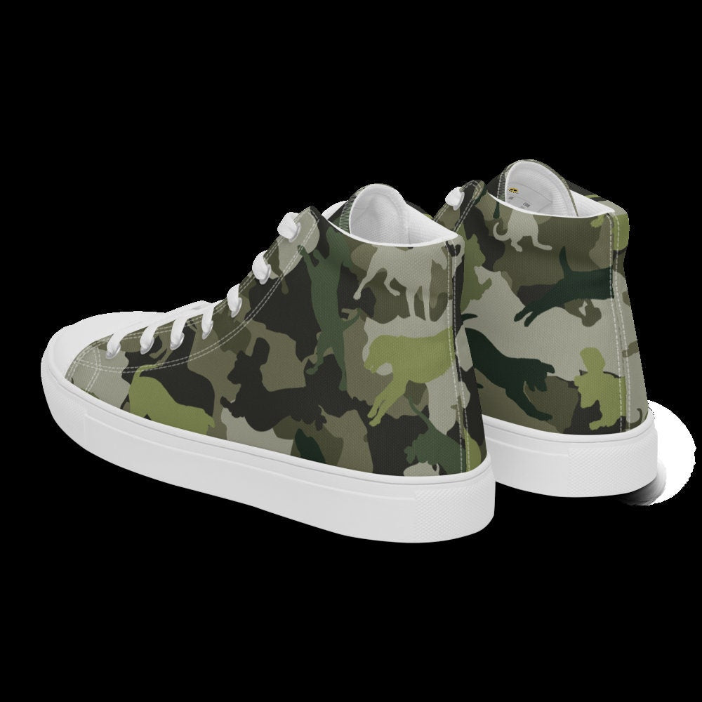 Spot The Dogs, Dog Dad gift, Green Camouflage Dog pattern, Dog Lover, Trendy high top canvas shoes, gift for Dog walker, Dog Groomers gift